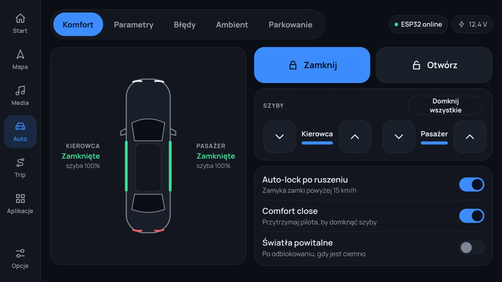 Zakładka Komfort: zamki, szyby i automatyczne ryglowanie