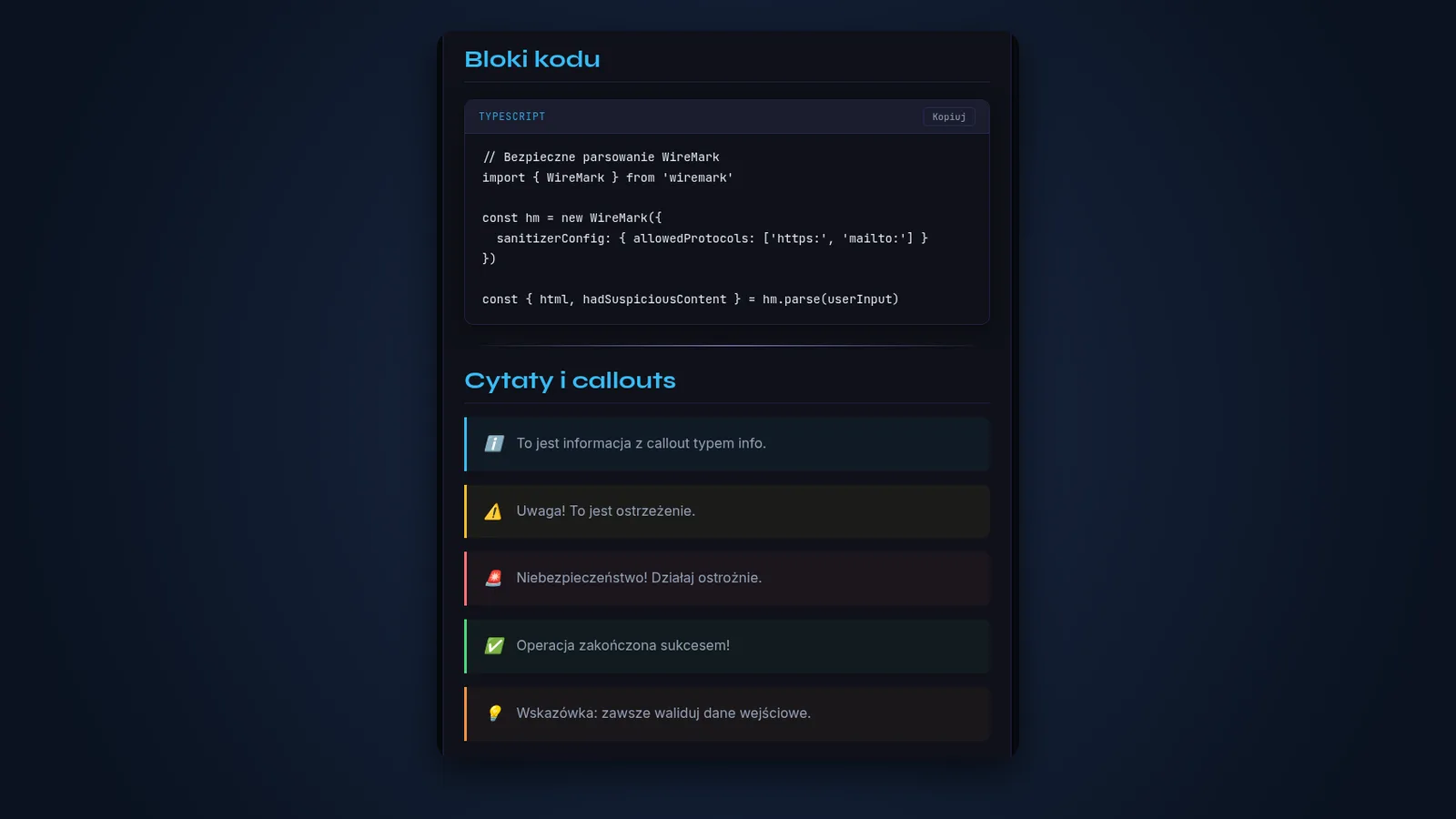 Blok kodu TypeScript i pięć rodzajów ramek z uwagami wyrenderowanych przez WireMark