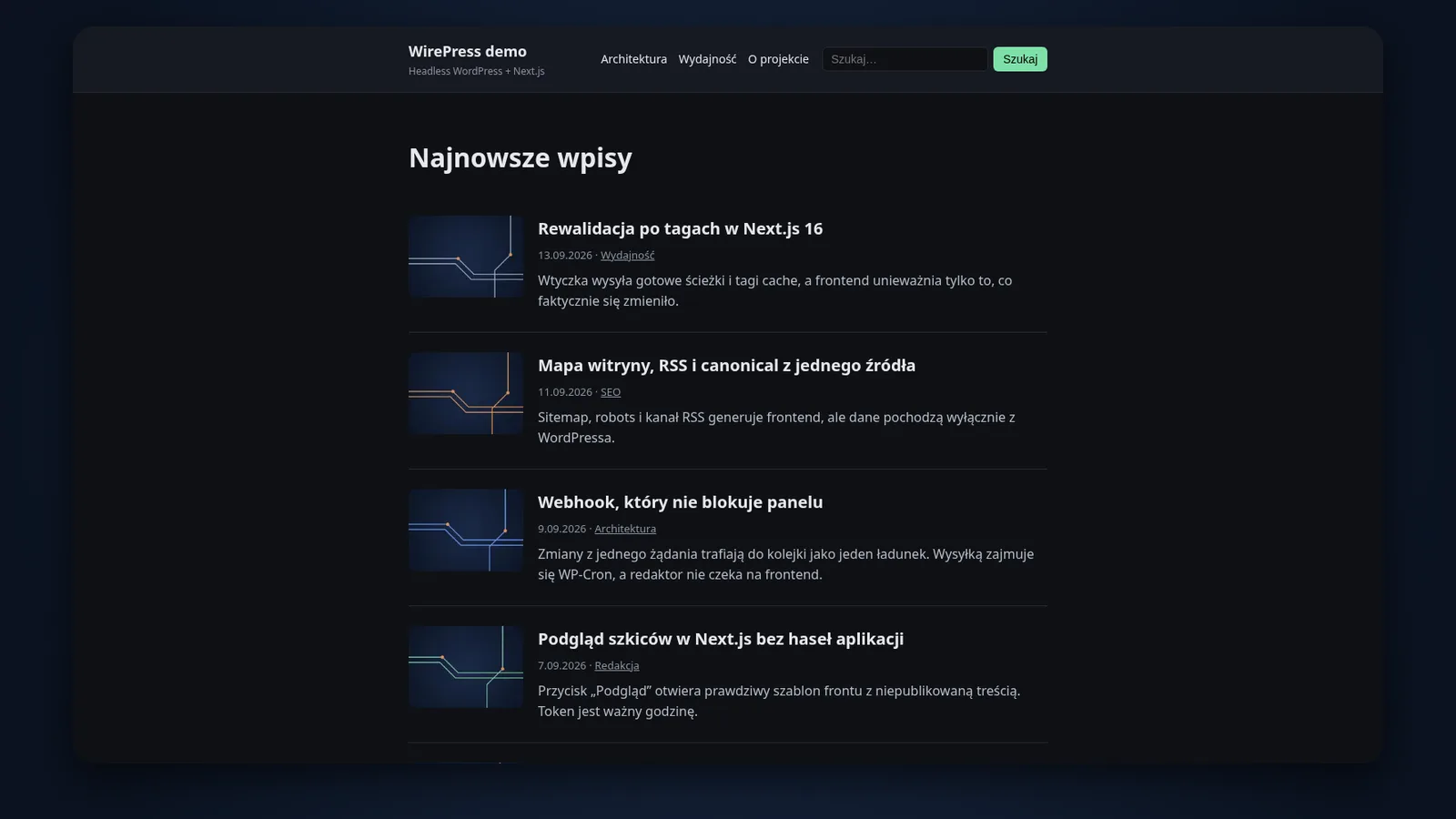 Frontend w Next.js z listą wpisów pobranych z WordPressa (treść demonstracyjna)